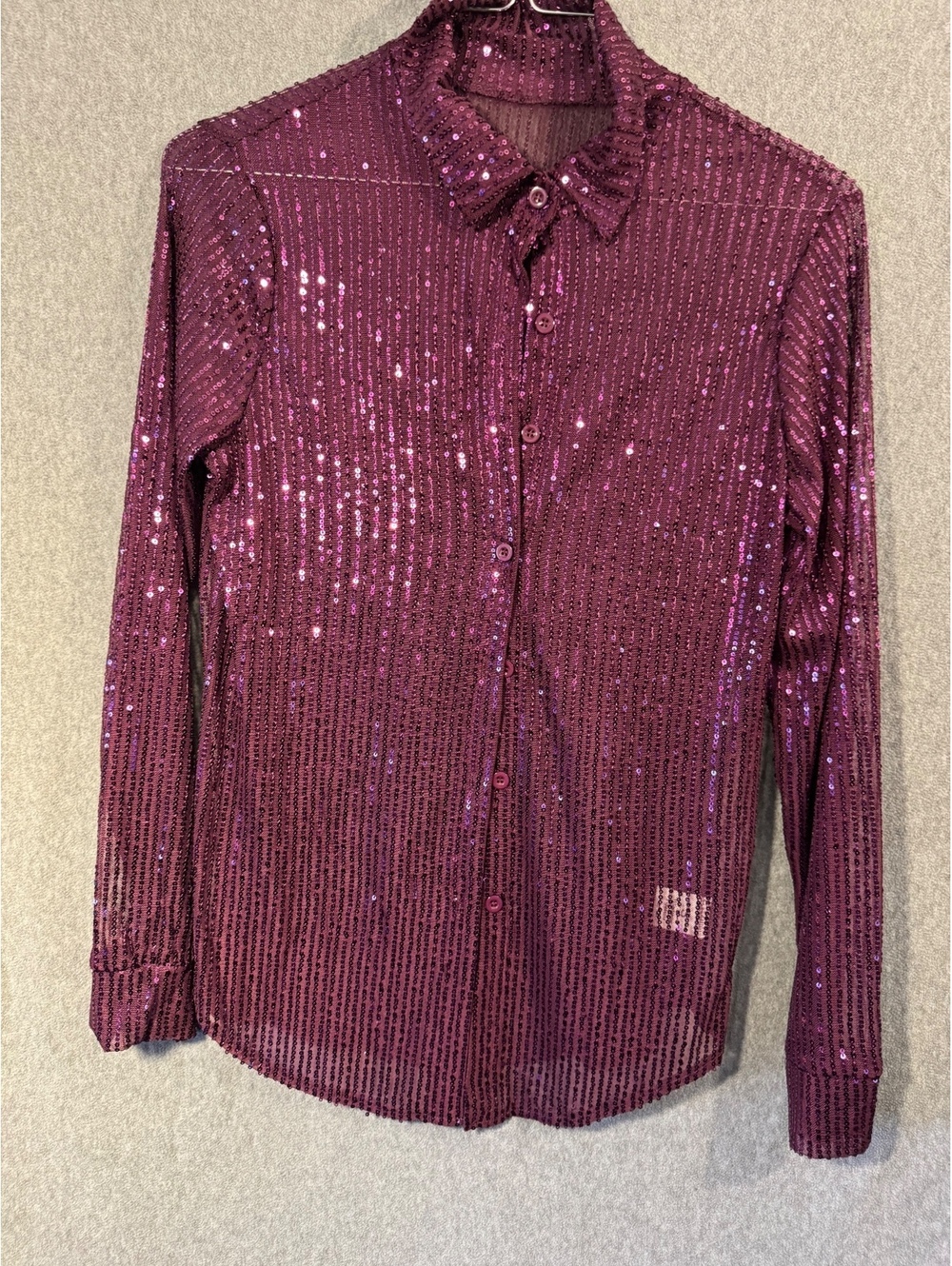 Womens Purple Sequin Button Front Sheer Blouse Size S